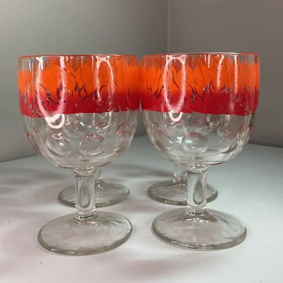 Vintage Set of Four Thumbprint Ring of Fire Chalice Glasses Drinkware